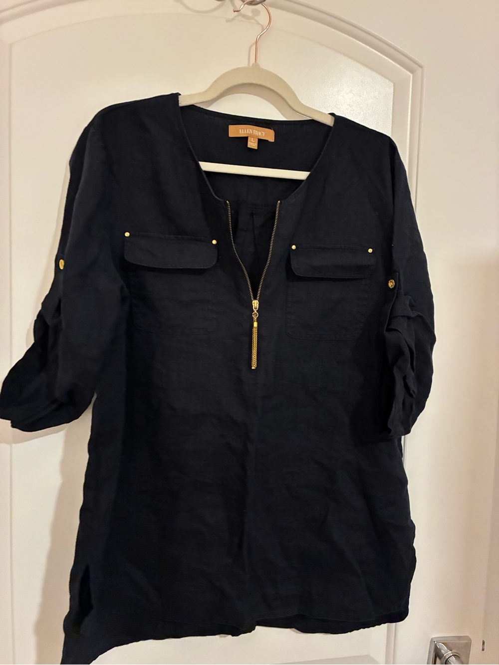 Ellen Tracy Black Tunic with Gold Zip and Hardware
